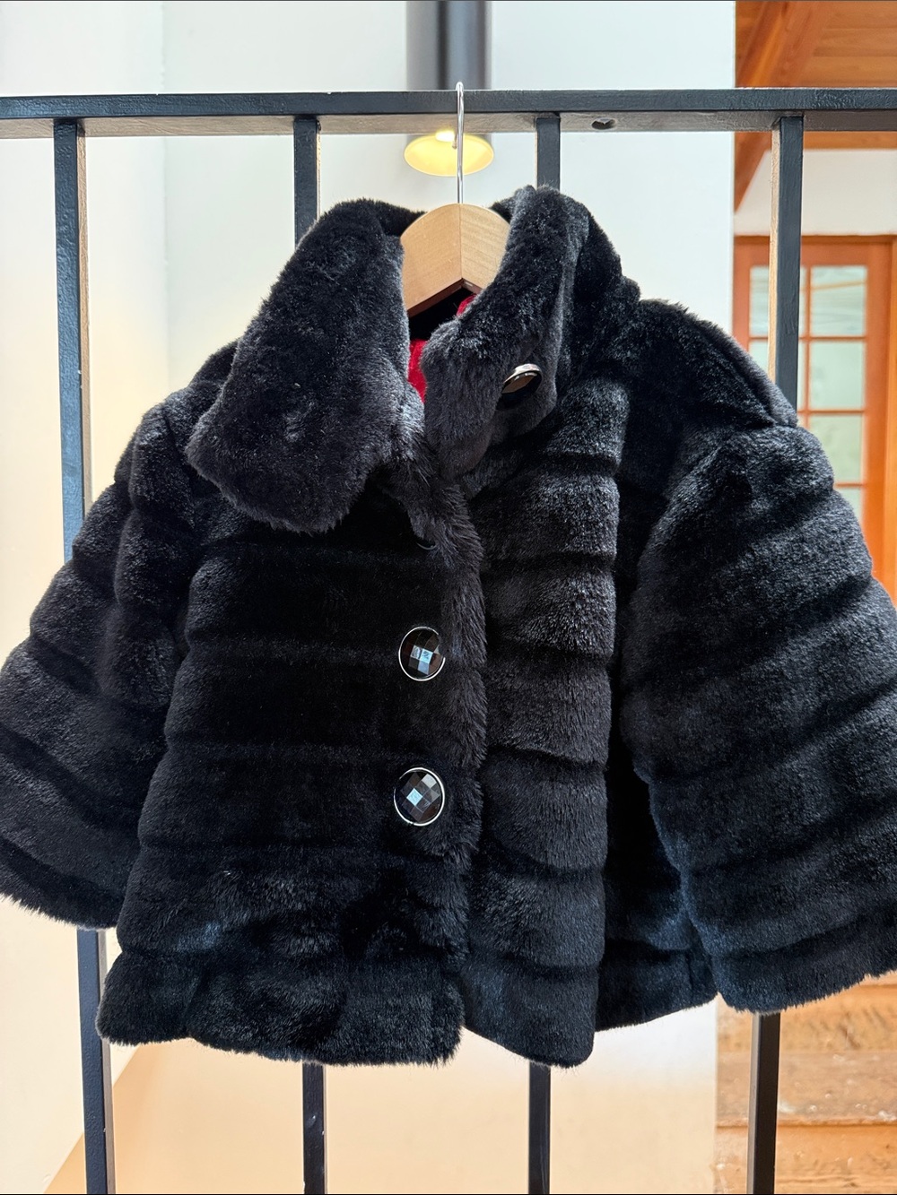 Black Faux Fur Kids Coat with Button Front